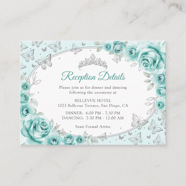 Turquoise Silver Quinceanera Reception Details Enclosure Card (Front)