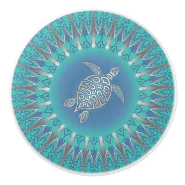 Turquoise Silver Sea Turtle | Nautical Cabinet Ceramic Knob (Front)