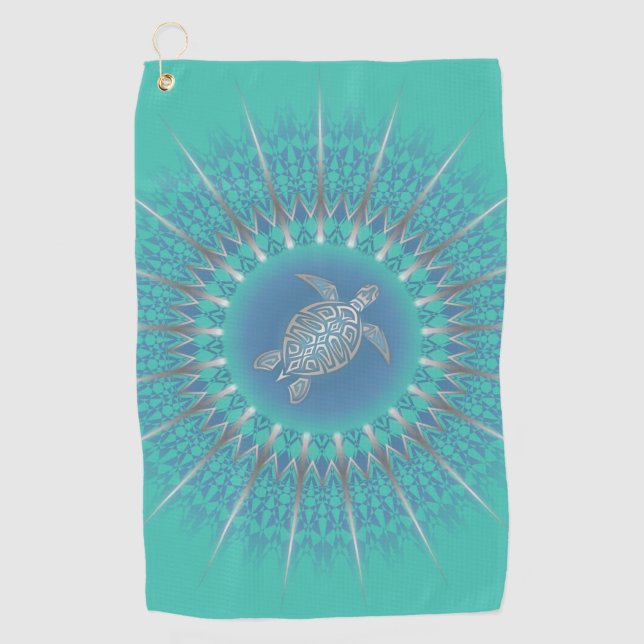 Turquoise Silver Turtle Mandala Coastal Golf Towel (Front)