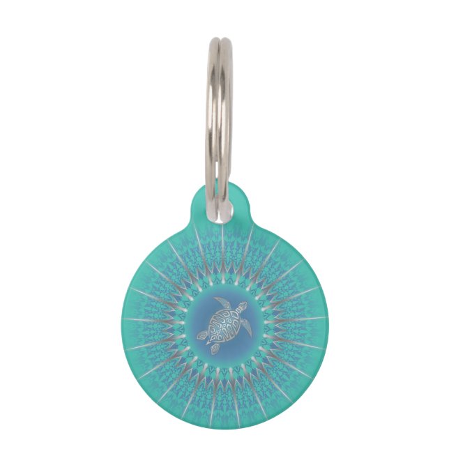 Turquoise Silver Turtle Mandala Pet Tag (Front)