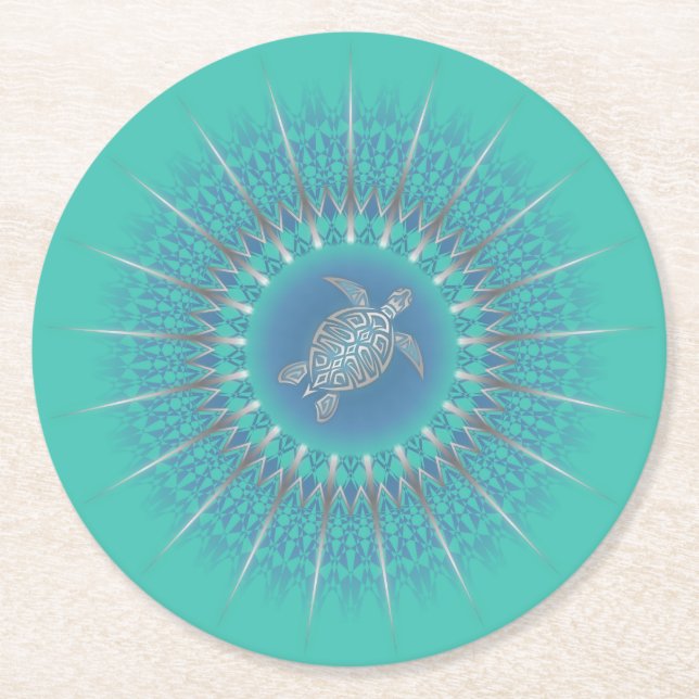 Turquoise Silver Turtle Mandala Round Paper Coaster (Front)