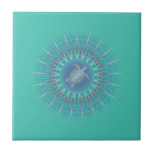 Turquoise Silver Turtle Mandala Tile