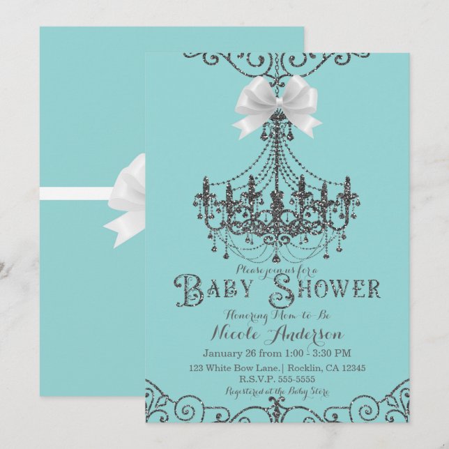 Turquoise & Silver White Bow Chic Baby Shower Invitation (Front/Back)