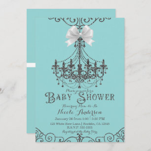 Turquoise & Silver White Bow Chic Baby Shower Invitation