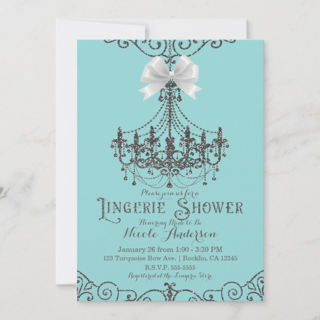 Turquoise & Silver White Bow Lingerie Shower Invitation (Front)