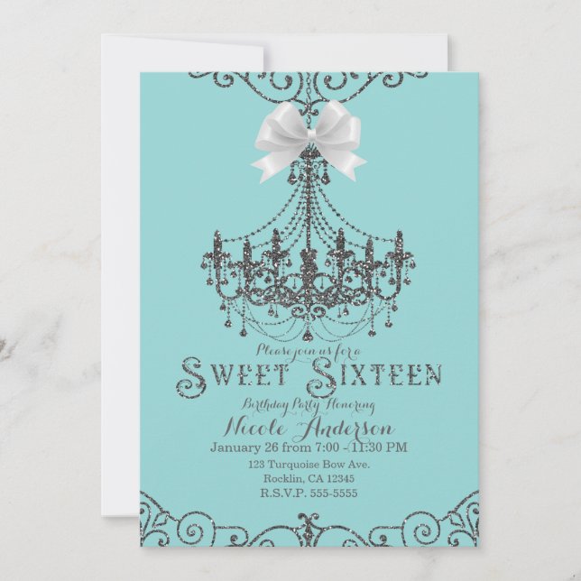 Turquoise & Silver White Bow Sweet 16 Sixteen Invitation (Front)