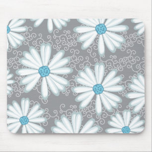 Turquoise Silver White Wild Daisy Floral Pattern Mouse Mat