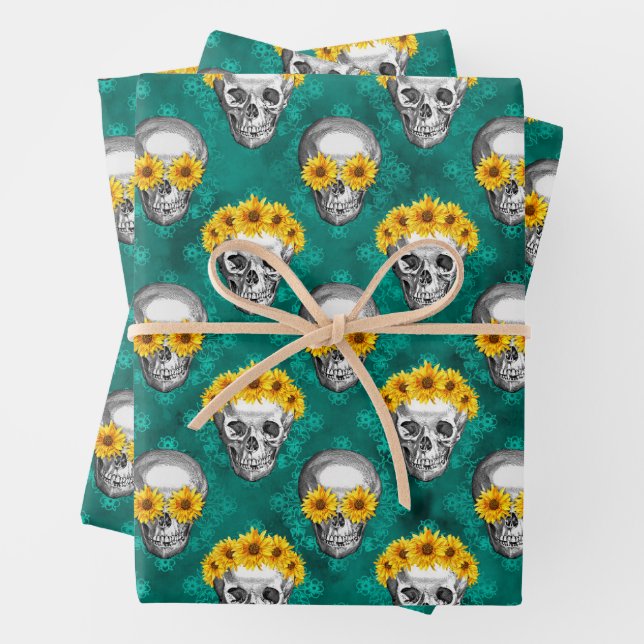 Turquoise Skulls and Sunflower Series Design 10 Wrapping Paper Sheet (In situ)
