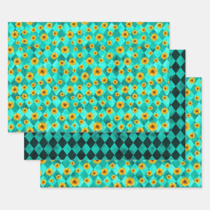 Turquoise Skulls and Sunflower Series Design 2 Wrapping Paper Sheet
