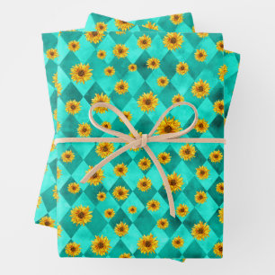 Turquoise Skulls and Sunflower Series Design 2 Wrapping Paper Sheet