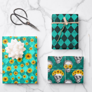 Turquoise Skulls and Sunflower Series Design 2 Wrapping Paper Sheet
