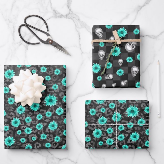 Turquoise Skulls and Sunflower Series Design 5   Wrapping Paper Sheet (Front)