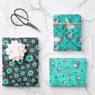Turquoise Skulls and Sunflower Series Design 5 Wrapping Paper Sheet
