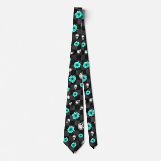 Turquoise Skulls and Sunflower Series Design 7  Tie (Front)