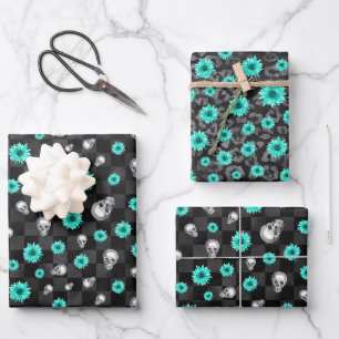 Turquoise Skulls and Sunflower Series Design 7 Wrapping Paper Sheet