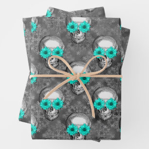 Turquoise Skulls and Sunflower Series Design 9  Wrapping Paper Sheet