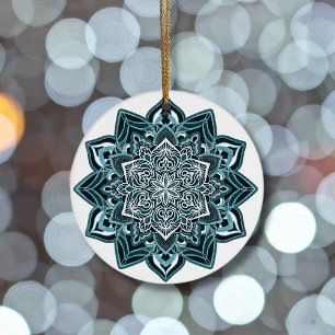 Turquoise Snowflake on white Ceramic Tree Decoration