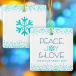 Turquoise Snowflake Peace Joy Love Custom Name Ceramic Ornament<br><div class="desc">“Peace, joy & love.” This ornament, with a fun, playful, snowflake illustration and modern turquoise and dark blue typography on a white background helps you usher in the holiday season. Turquoise confetti dots frame complete the look. On the back is a giant turquoise faux foil snowflake. Feel the warmth and...</div>