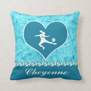 Turquoise Soccer Girl with Name and Number Cushion