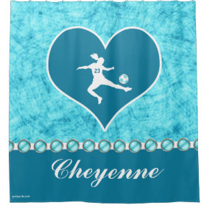 Turquoise Soccer Girl with Name and Number Shower Curtain