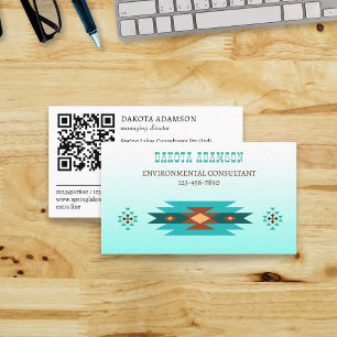 Turquoise Southwestern boho tribal patterns QR Business Card