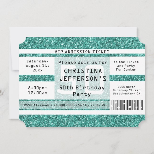 Turquoise Sparkle 50th Birthday Party Ticket Invitation (Front)