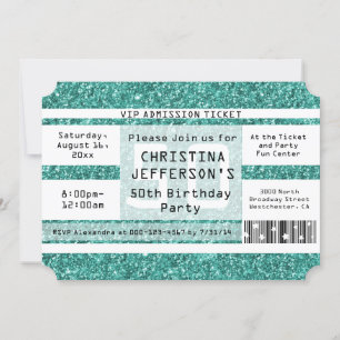 Turquoise Sparkle 50th Birthday Party Ticket Invitation