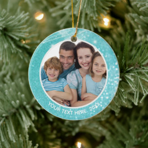 Turquoise Sparkle Bokeh, Two Photo, Two Sided Ceramic Tree Decoration