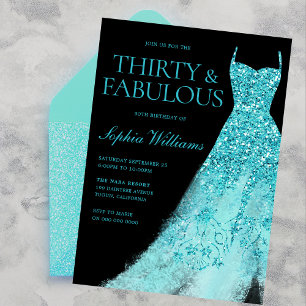 Turquoise Sparkle Dress Black 30th Birthday Party Invitation