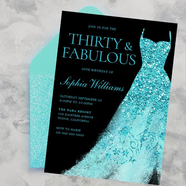 Turquoise Sparkle Dress Black 30th Birthday Party  Invitation (Creator Uploaded)
