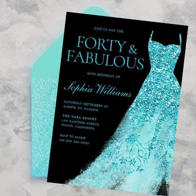 Turquoise Sparkle Dress Black 40th Birthday Party  Invitation (Creator Uploaded)