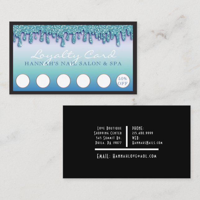 Turquoise Sparkle Nail Salon Glitter Loyalty Card (Front/Back)