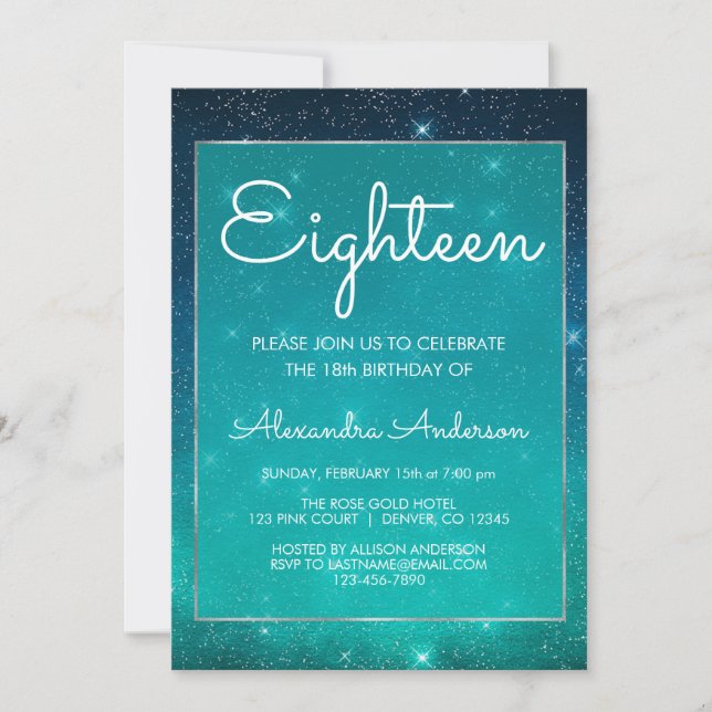Turquoise Sparkle Under the Stars 18th Birthday Invitation (Front)