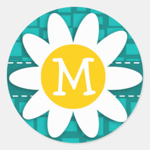 Turquoise Squares; Retro Square; Daisy Classic Round Sticker