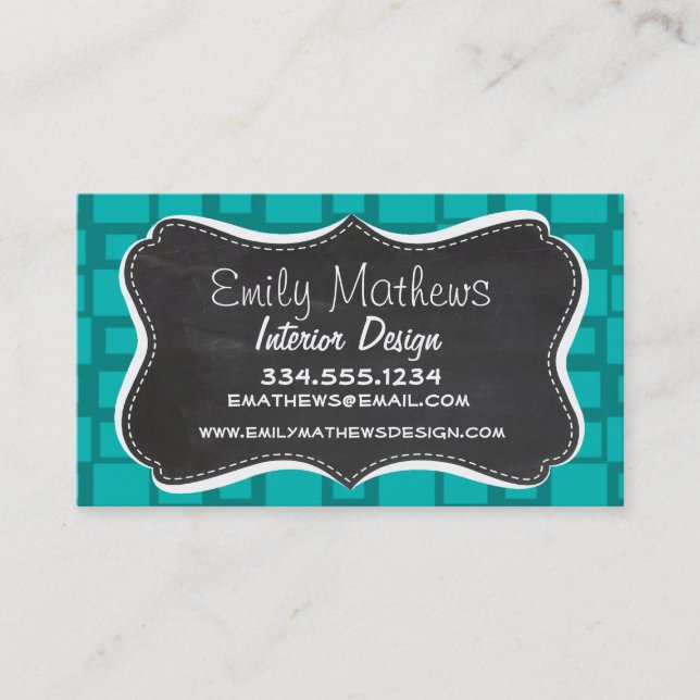 Turquoise Squares; Vintage Chalkboard Business Card (Front)