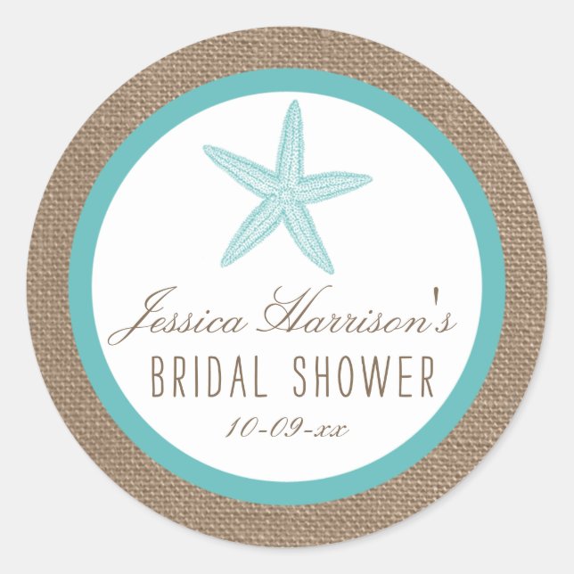 Turquoise Starfish Beach Bridal Shower Stickers (Front)