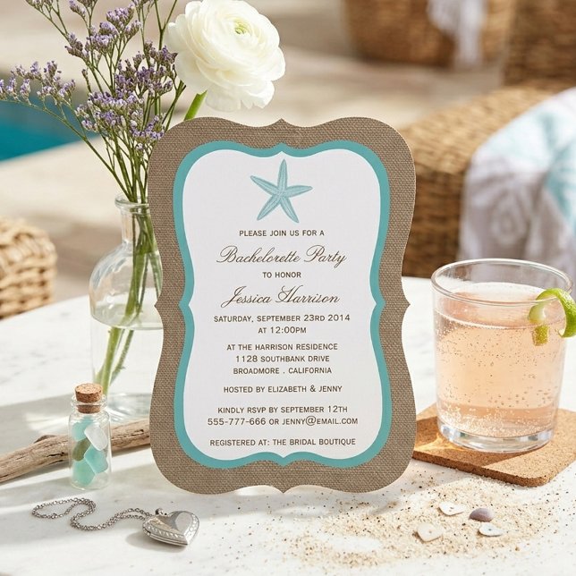 Turquoise Starfish Beach Burlap Bachelorette Party Invitation (Creator Uploaded)