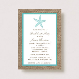 Turquoise Starfish Beach Burlap Bachelorette Party Invitation