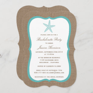 Turquoise Starfish Beach Burlap Bachelorette Party Invitation