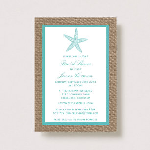 Turquoise Starfish Beach Burlap Bridal Shower Invitation