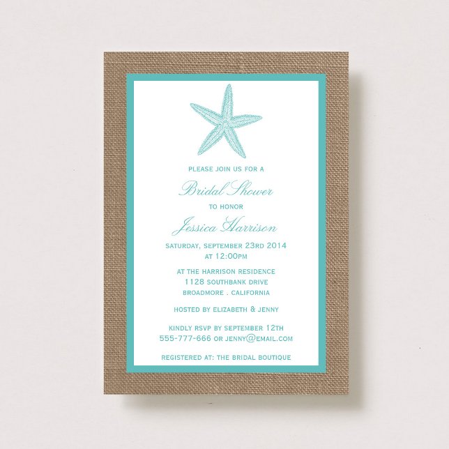 Turquoise Starfish Beach Burlap Bridal Shower Invitation (Creator Uploaded)