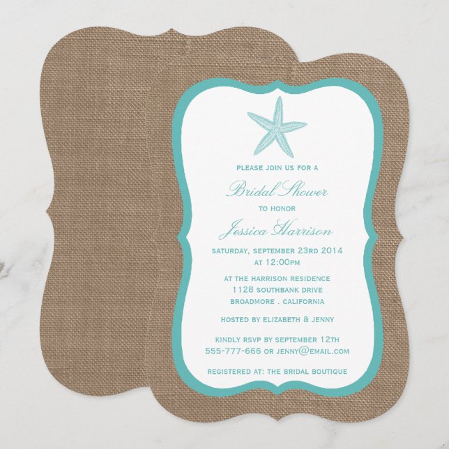 Turquoise Starfish Beach Burlap Bridal Shower Invitation (Front/Back)