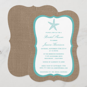 Turquoise Starfish Beach Burlap Bridal Shower Invitation