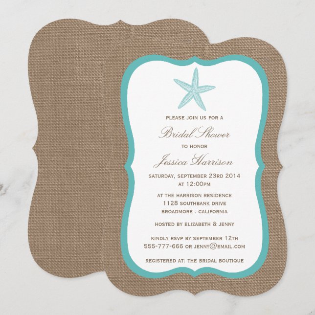 Turquoise Starfish Beach Burlap Bridal Shower Invitation (Front/Back)