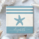 Turquoise starfish beach house script name vintage stone coaster<br><div class="desc">Feel the coastal vibes and relax with your favourite beverage, all while protecting your furniture, with this beautiful, chic, simple, vintage, custom monogram name stone coaster. A graphic, teal blue vintage starfish overlays a white background accented with nautical teal blue stripes. Personalise with your name. Makes a stylish statement every...</div>