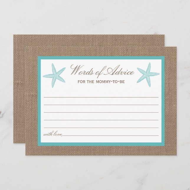 Turquoise Starfish Burlap Beach Baby Shower Advice Card (Front/Back)