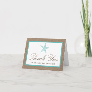 Turquoise Starfish Burlap Beach Baby Shower Thank You Card