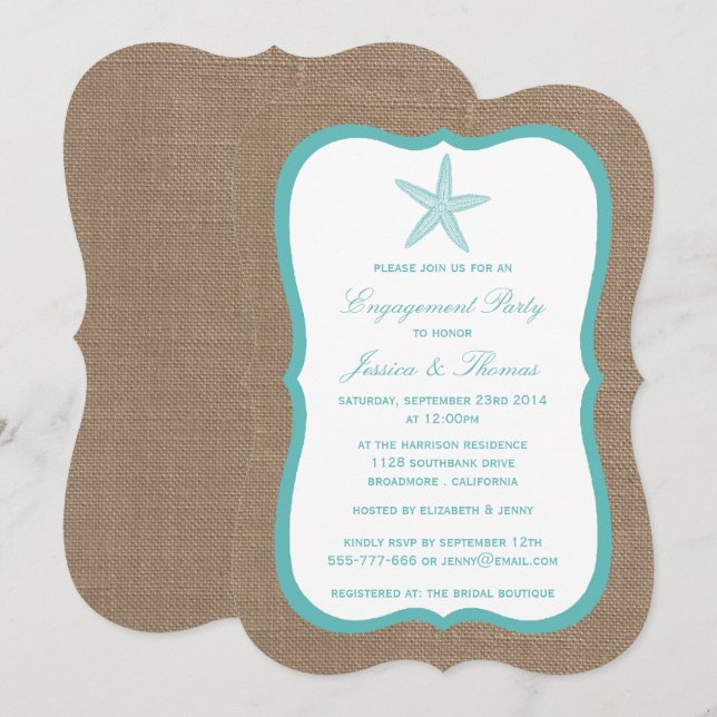 Turquoise Starfish Burlap Beach Engagement Party Invitation (Front/Back)