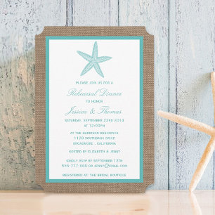 Turquoise Starfish Burlap Beach Rehearsal Dinner Invitation