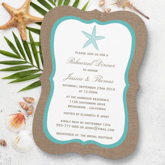 Turquoise Starfish Burlap Beach Rehearsal Dinner Invitation (Creator Uploaded)